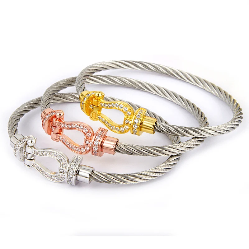 Horseshoe Stainless Steel Bracelet Cord Screw Bracelet Magnet Buckle Cable Wire Hooves Cuff Bracelets Bangles Wristband Bijoux