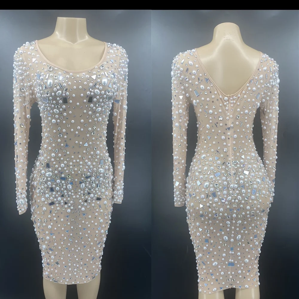 

Shining Rhinestones Pearls Transparent Mesh Dress Women Sexy See Through Evening Party Dress Birthday Celebrate Dress Stage Wear