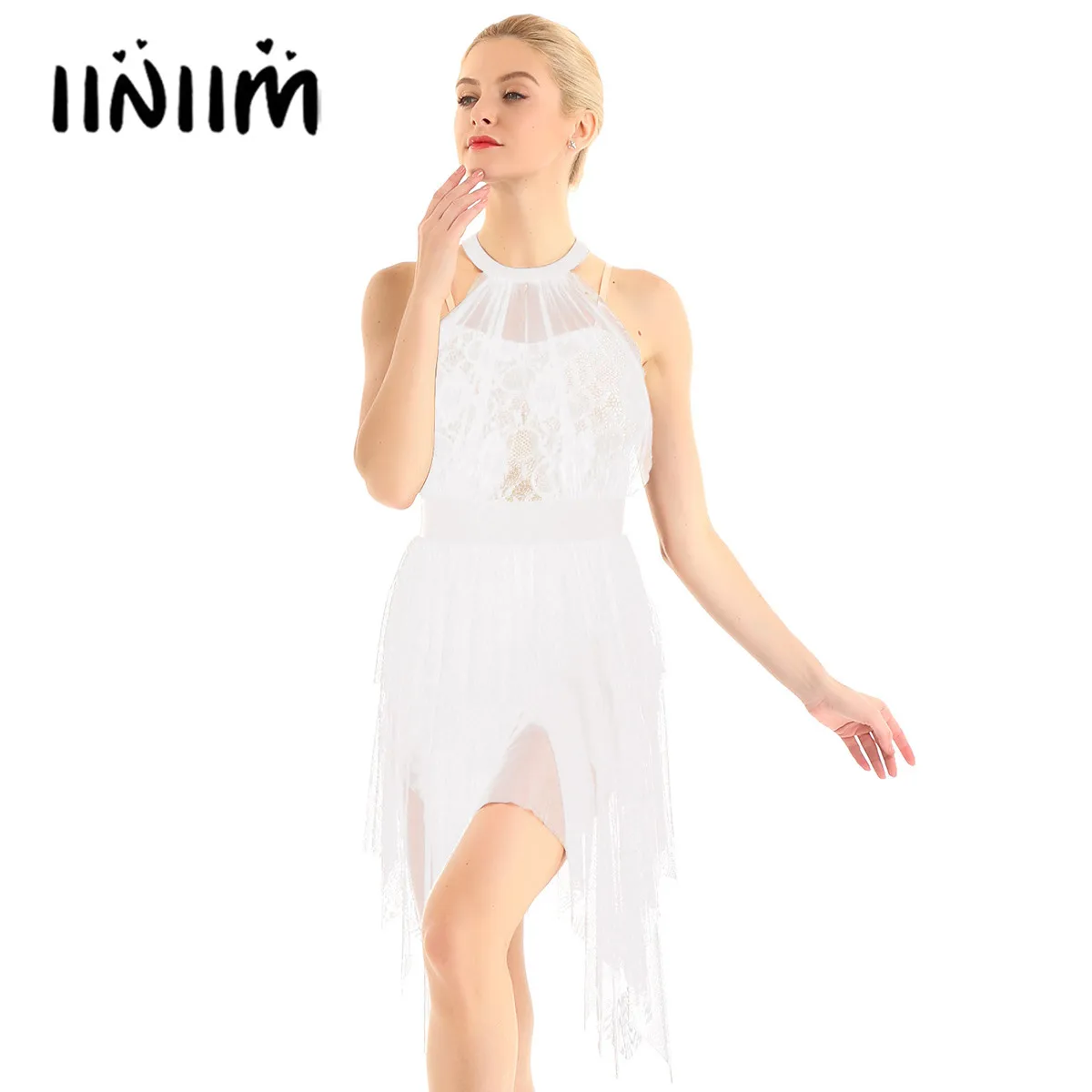 

Women Adults Lace Ballerina Costumes Bodice Asymmetric Gymnastics Leotard Dresses Figure Skating Ice Dance Lyrical Dance Dress