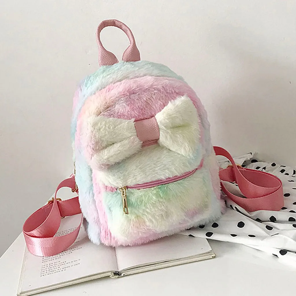 Aelicy мягкий меховой плюшевый рюкзак для женщин с бантом маленькие рюкзаки женская пушистая школьная сумка для девочек-подростков милые Mochilas