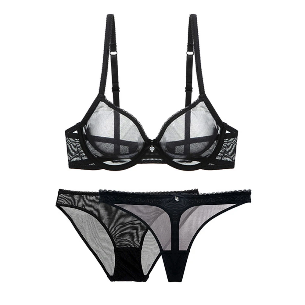 Sexy Ultra-Thin Cup Mesh Lace Underwear Transparent Unlined 1 Bra And 2 Panties Bra Set G-String For Ladies