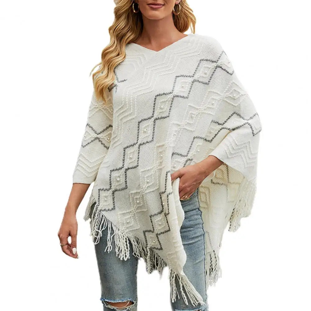 

Women Cape Coat 2021 Wavy Stripes Tassel Autumn Winter V Neck Irregular Hem Cloak Beads Coat Sweater for Daily Wear