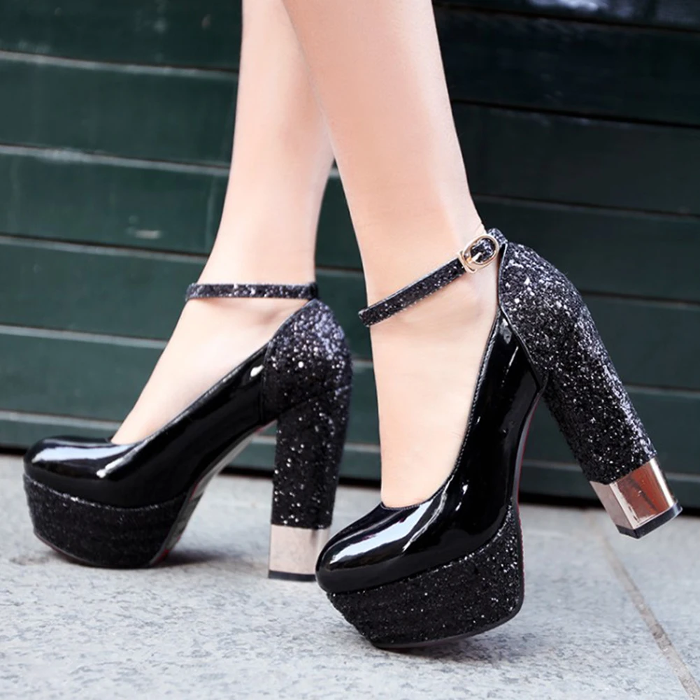 

Office Lady Elegant Spring Bling Glitter Ankle Strap High Heels Platform Party Dress Casual Women Pumps Big Size 32-42