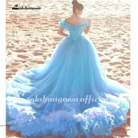 New Cinderella Light Blue Wedding Dresses Cheap Crystal Ball Gown Off Shoulder Beads Court Train Bridal Dress vestido de novia
