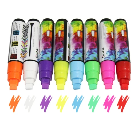 8 цветов со стирающимися чернилами Жидкий Мел маркер 10 мм двусторонний прямоугольный кончик маркера флуоресцентные неоновые ручки