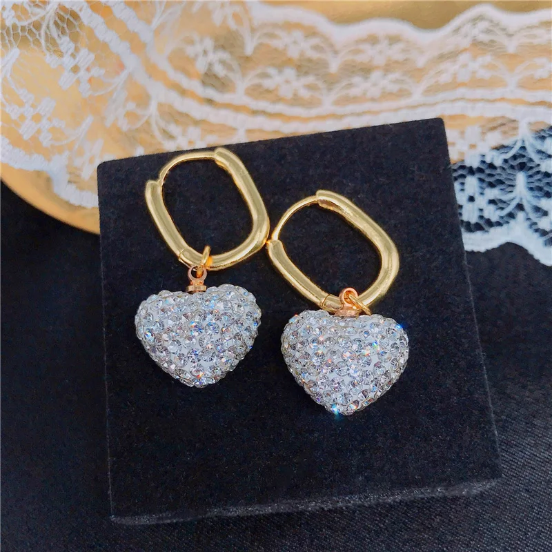 Shiny Crystal Heart Drop Earrings For Women Jewelry Top Quality Silver 925 Hoops Female Accessories On Ear Gold Bijou