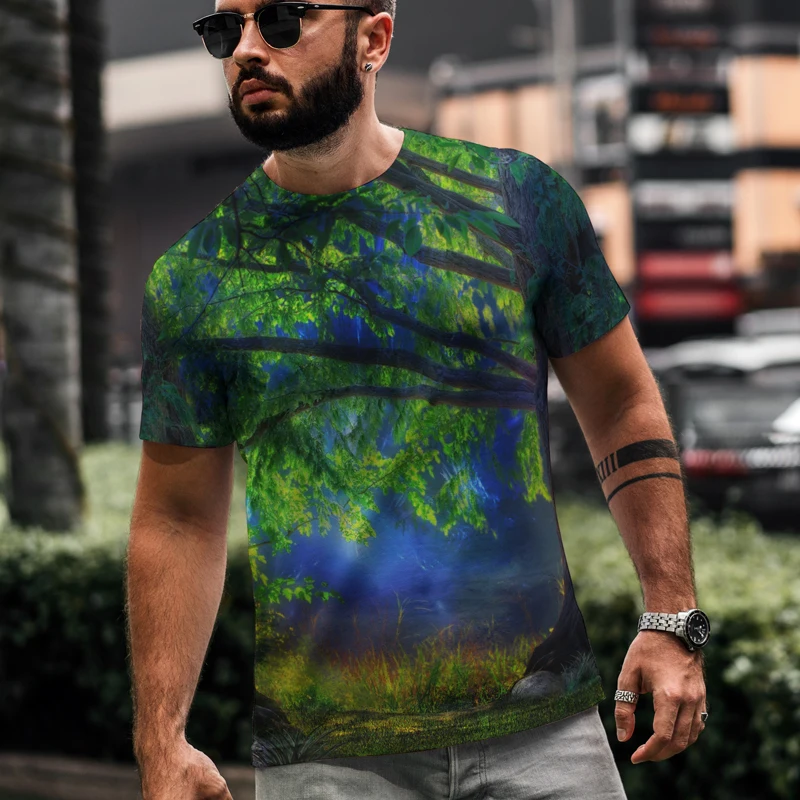

Men's Gothic Style T-shirt Dream forest Fit short sleeves O-neck T-shirt Clear 3D pattern Original design Men's Clothing XXS-6XL