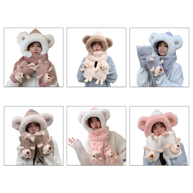 

3-in-1 Hat Multi-Functional Small Bear Hooded Scarf with Mittens Soft for Girl