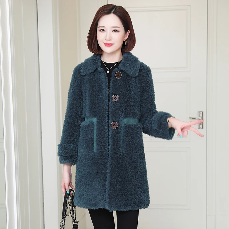 

Women 2021 Winter New Mid-long Real Wool Fur Coats Female Solid Color Slim Warm Outwears Ladies Sheep Shearing Fur Jackets D679