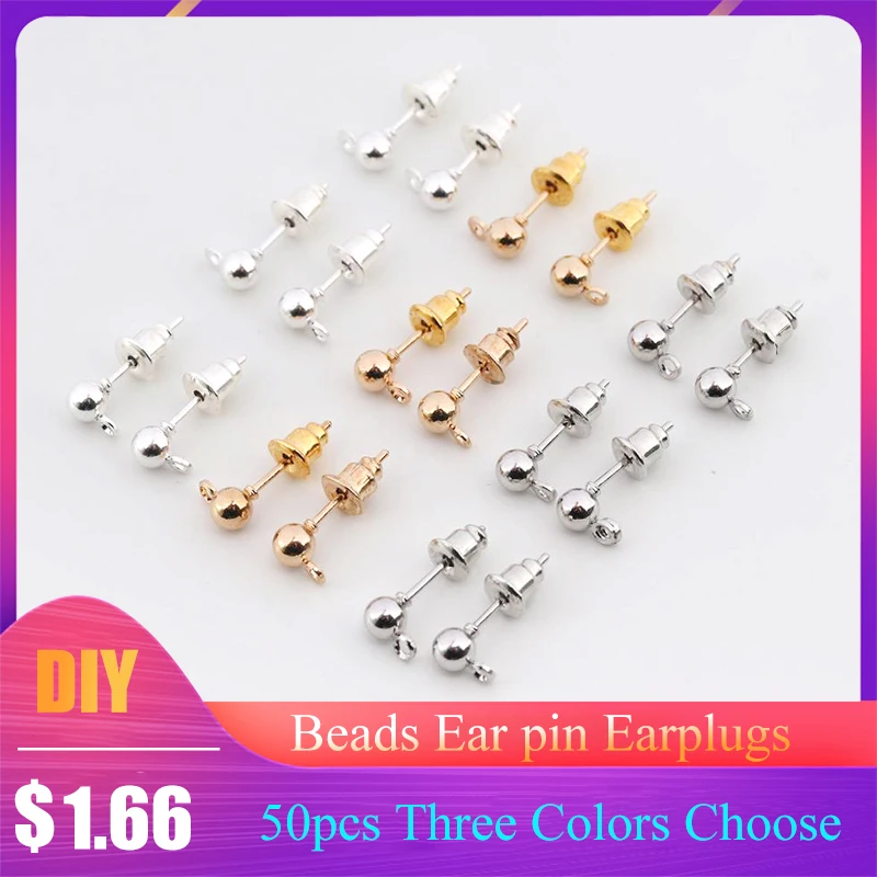 

50Pcs/lot 3/4/5mm Gold Silver Ball Beads Stud Earrings Ear pin Post Stopper Earplugs For Jewelry Making Findings DIY Accessories