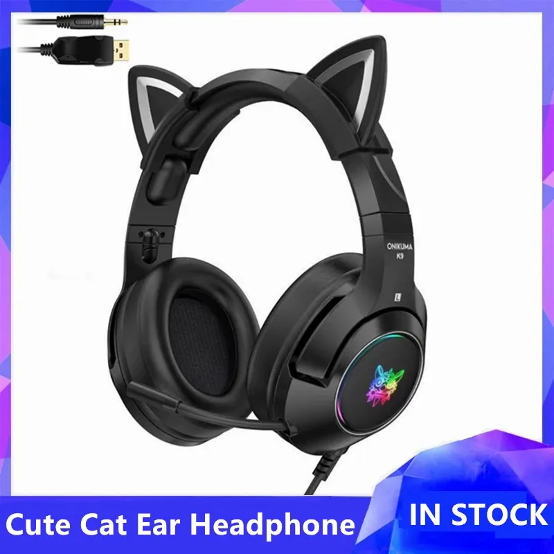 Новинка игровые наушники K9 Black Demon Version с кошачьими ушками и микрофоном светящиеся