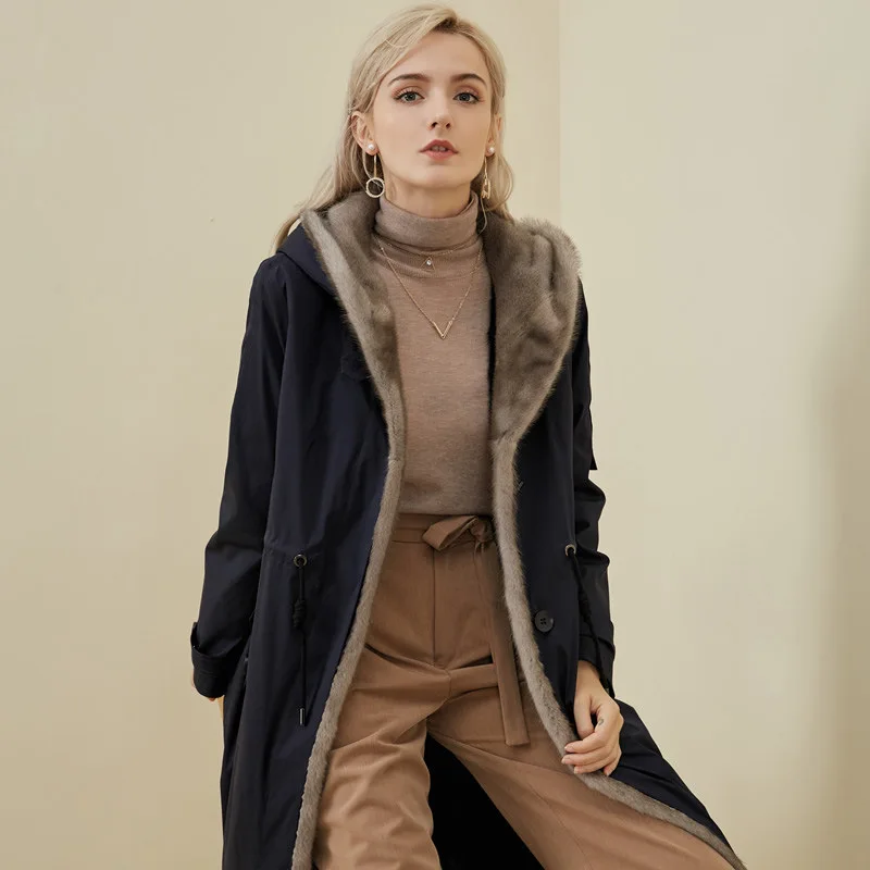 Super Mink Hooded Real Fur Coat Women Long Windproof Warm Rex Rabbit Fur Liner Detachable Knee-length Wool Black Overcoat Parkas