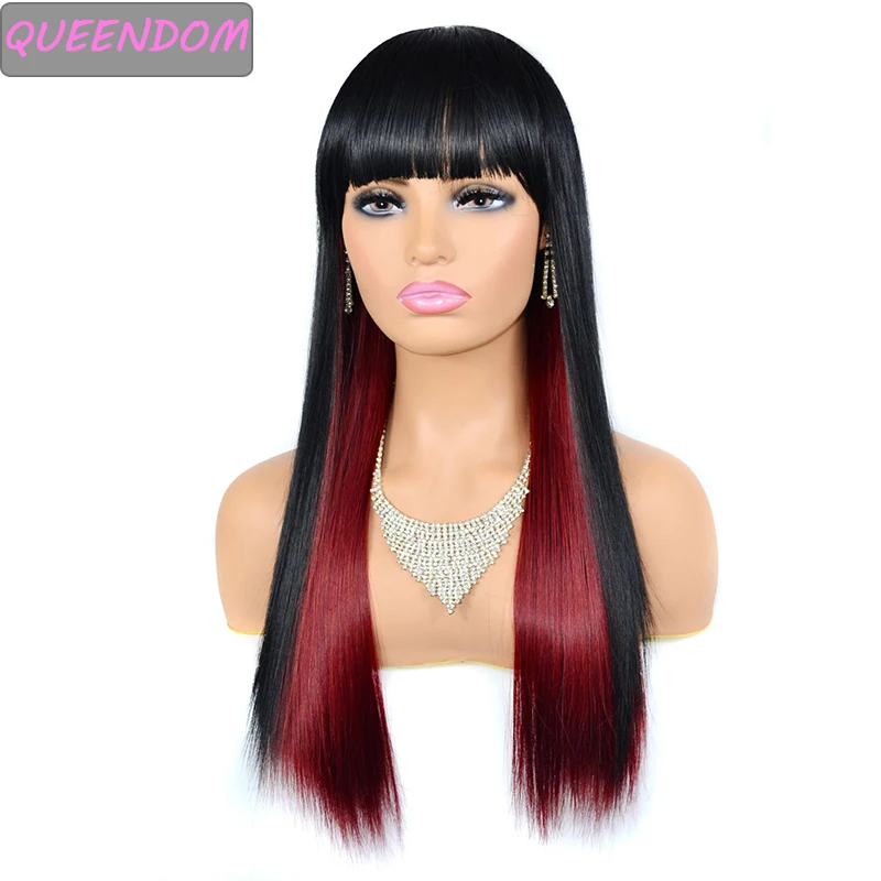 

Ombre Bug Synthetic Wigs with Bangs Long Straight Wig 22 Inch High Temperature Natural African Cosplay Fake Hair Wig for Women
