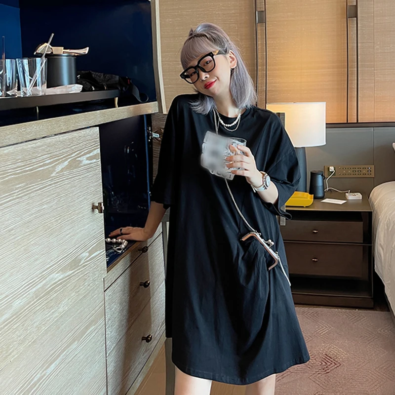 

GALCAUR Patchwork Chain Patterned Colorblock Dresses For Women 2021 Round Collar Short Sleeve Loose Casual Mini Dress Female New