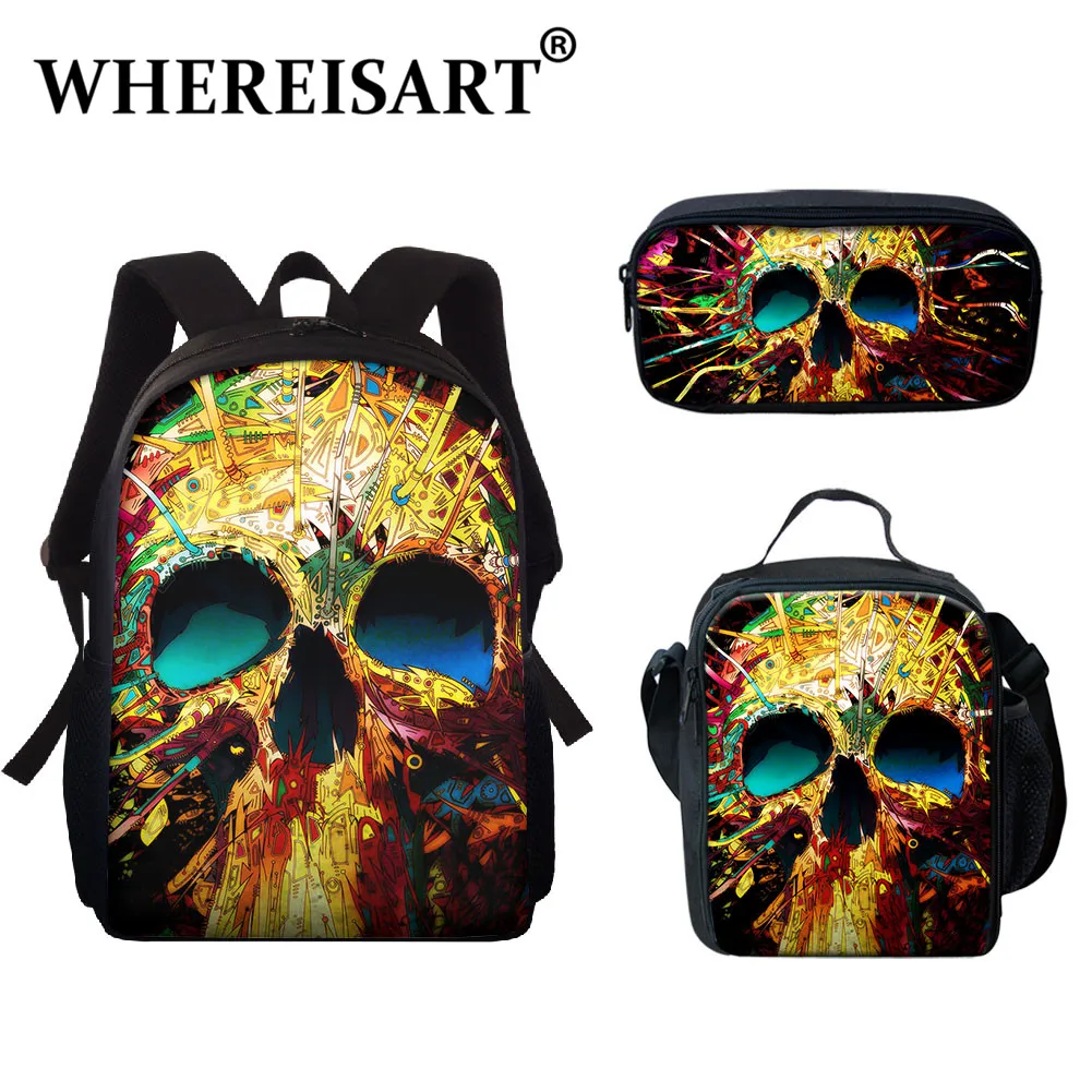 

WHEREISART 3pcs/Set Backpack Unique Design Teenager School Bag Colorful Skull Pattern Lunch Packet Cool Zipper Pencil Boxs Gift