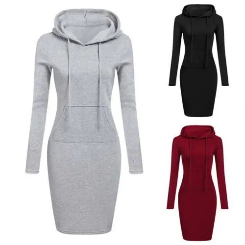 Fashion Women's Hooded Long Sleeve Sweatshirt Fall Autumn Hoodie Casual Style with Pocket Bodycon Tunic Dress Top New Hot Sale