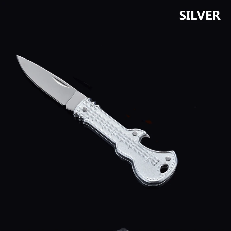SILVER Креативный брелок в форме гитары, открывалка, складной нож из нержавеющей стали, многофункциональный брелок, инструмент для выживания на открытом воздухе, брелок, подарок - Color: SILVER