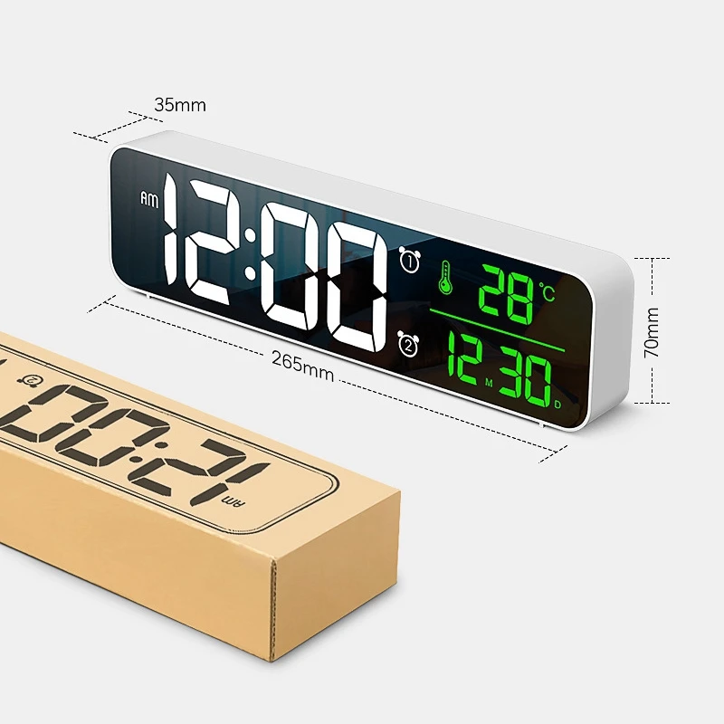 

LED Alarm Clock, Mirror Temperature Display, Large Digital Electronic Clock, Perpetual Calendar Table Clock