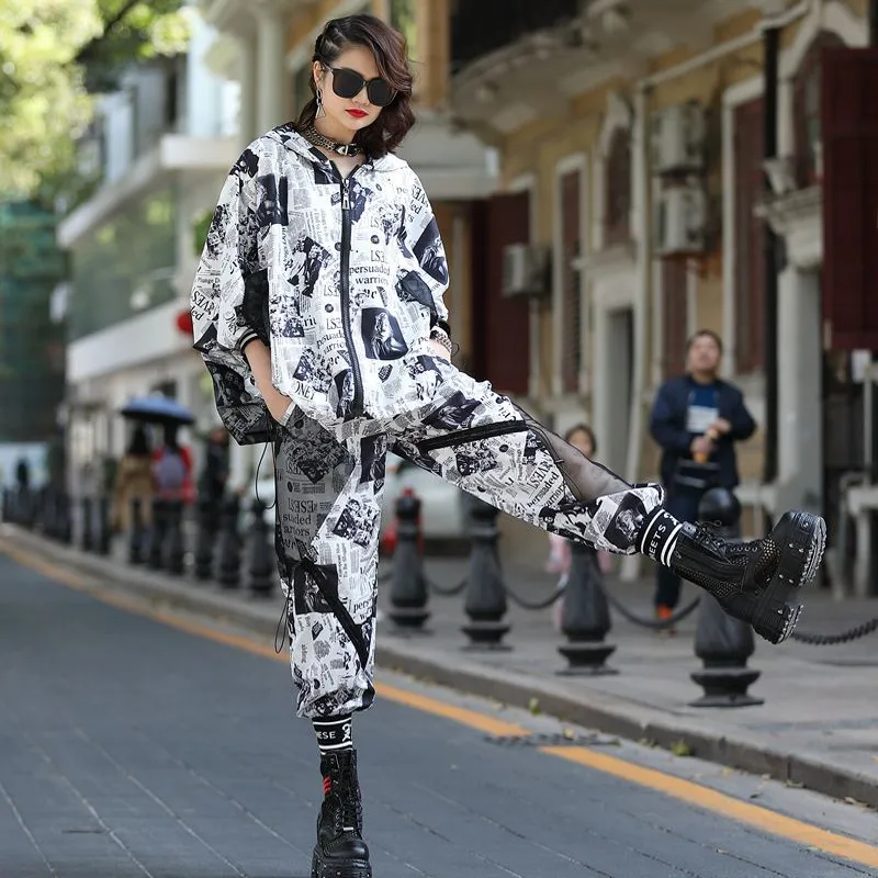 

Female Summer Suit Loose Mesh Splice Tops Harem Pants Set Street Print Hooded Jacket Elastic Waist Trousers 2 Piece Outfits