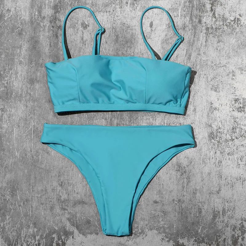 

2020 New Arrival Solid Sexy Bikinis Push Up Bikini Straps Padded Bra Mid Waist Swimsuit Solid Swimwear Women Biquini