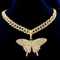 hip hop butterfly pendant necklace 12mm miami cuban chain iced out bling rapper choker necklace mens male charm jewelry women