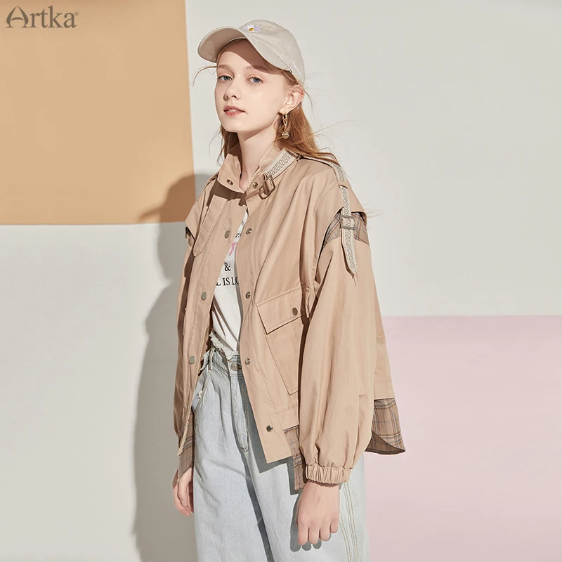 

Женская свободная куртка ARTKA, повседневная клетчатая куртка в стиле сафари, с воротником-стойкой, WA20302Q, осень 2020