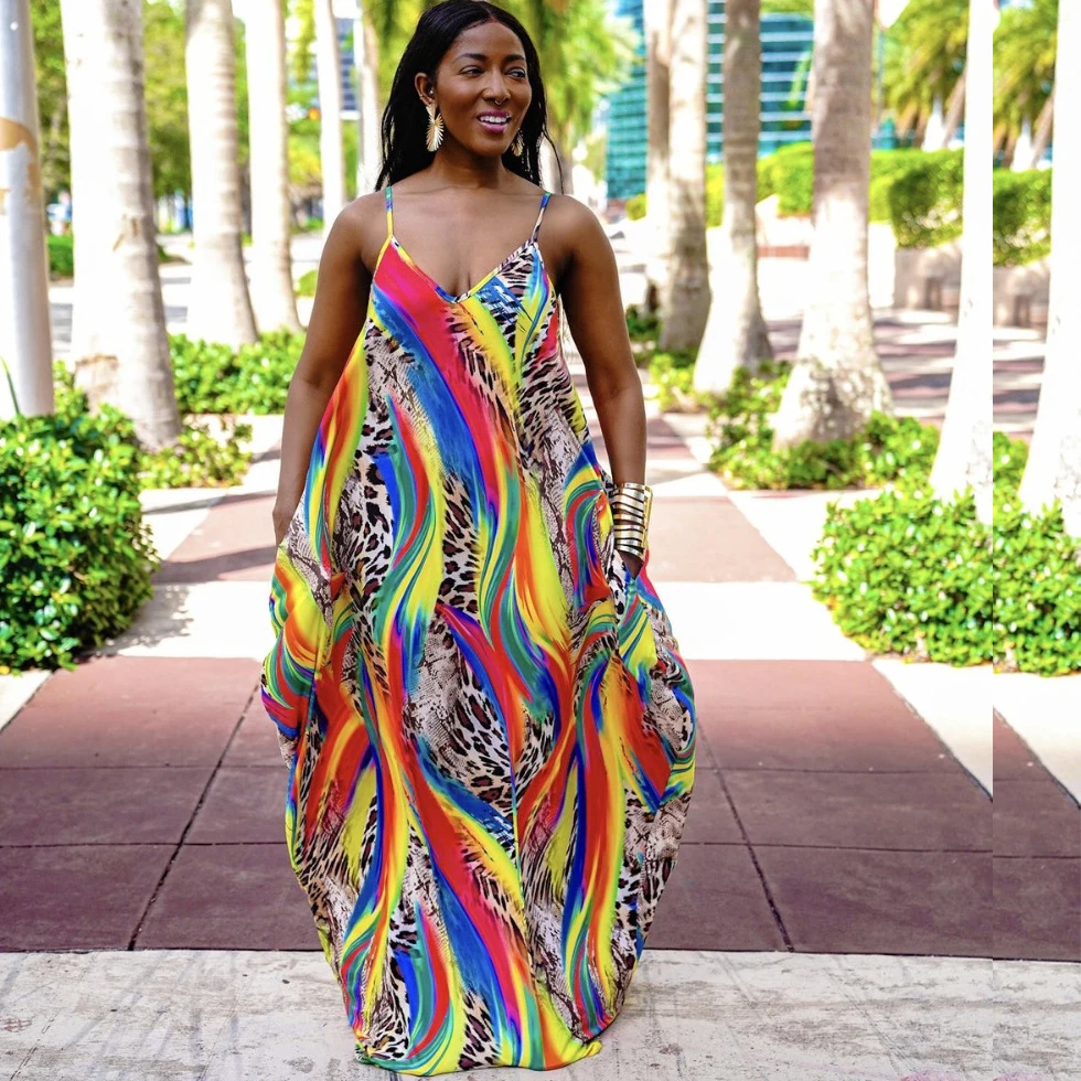 

Платье женское длинное в стиле бохо, модный пикантный Радужный пляжный сарафан на бретелях без рукавов, одежда Bigsweety, на лето