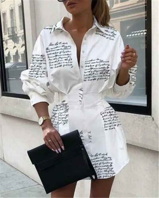 2019 Women Long Sleeve Turn-down Collar Shirt Dress Ladies Elegant Office Business White Mini Plus Size | Женская одежда