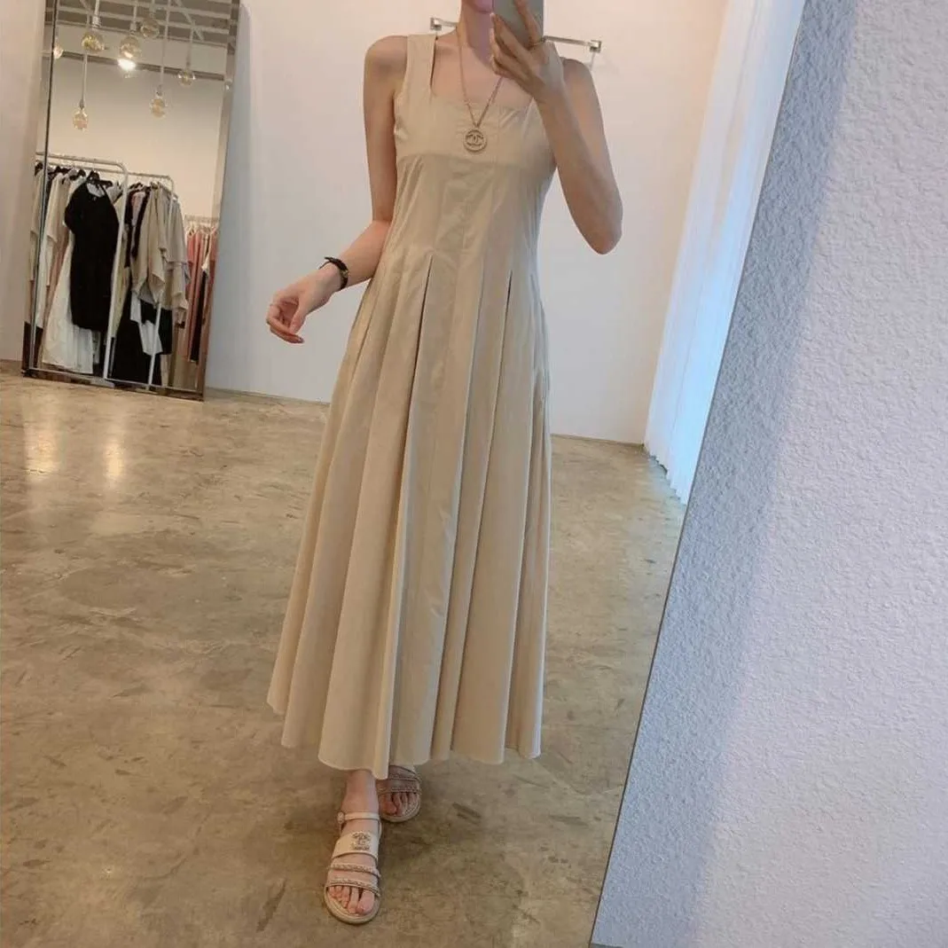 

Korean Chic Simple Square Collar Mid-Length Slimming Temperament High Waist Pleated Sleeveless Dress Summer Vest Dress Women