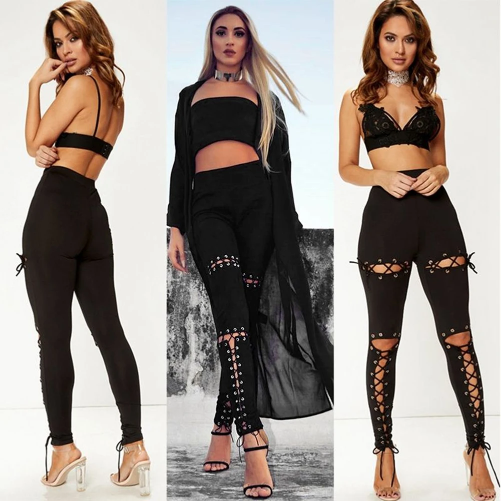 

Women Slim Legging Pencil Long Pants High Waist Eyelets Bandage Lace Up Trousers