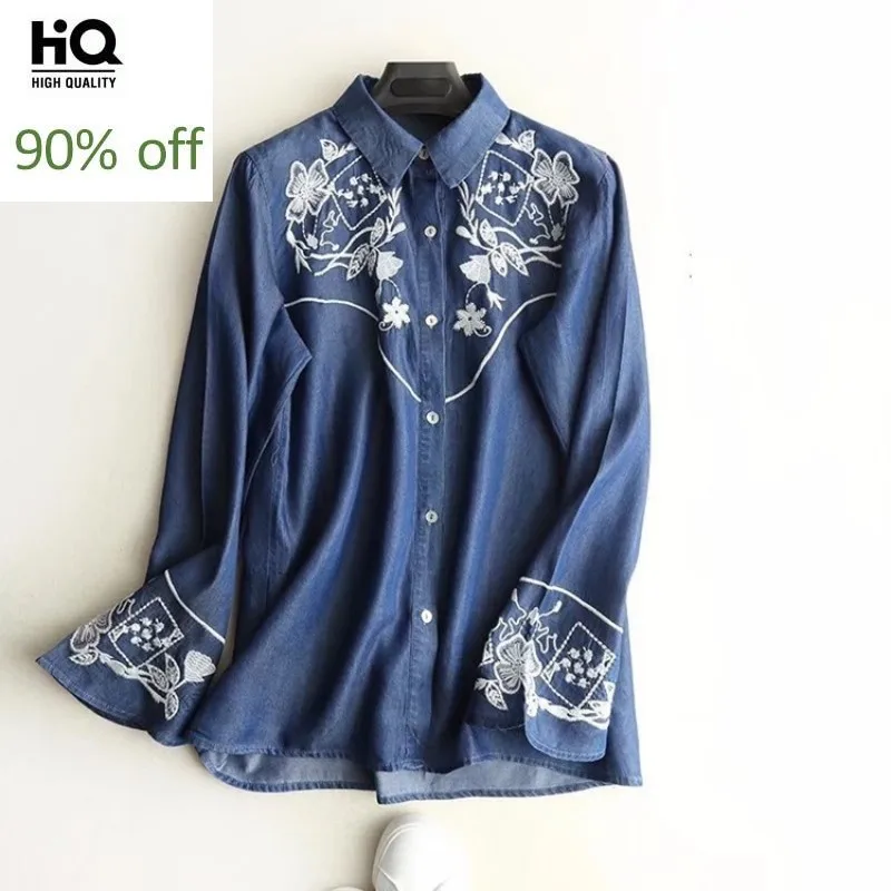 2020 New Embroidery Flower Denim Long Sleeve Shirts for Women Spring Fall Vintage Single Breasted Loose Fit Blouse Womens Tops | Женская