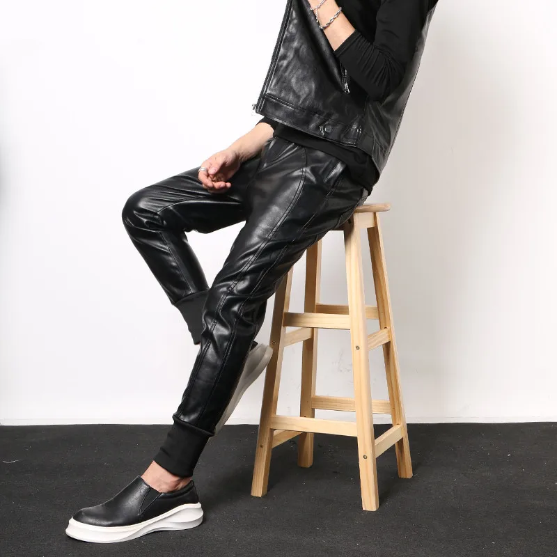 Новинка Зима 2020 тонкие кожаные штаны Модные шаровары из ПУ кожи с эластичным