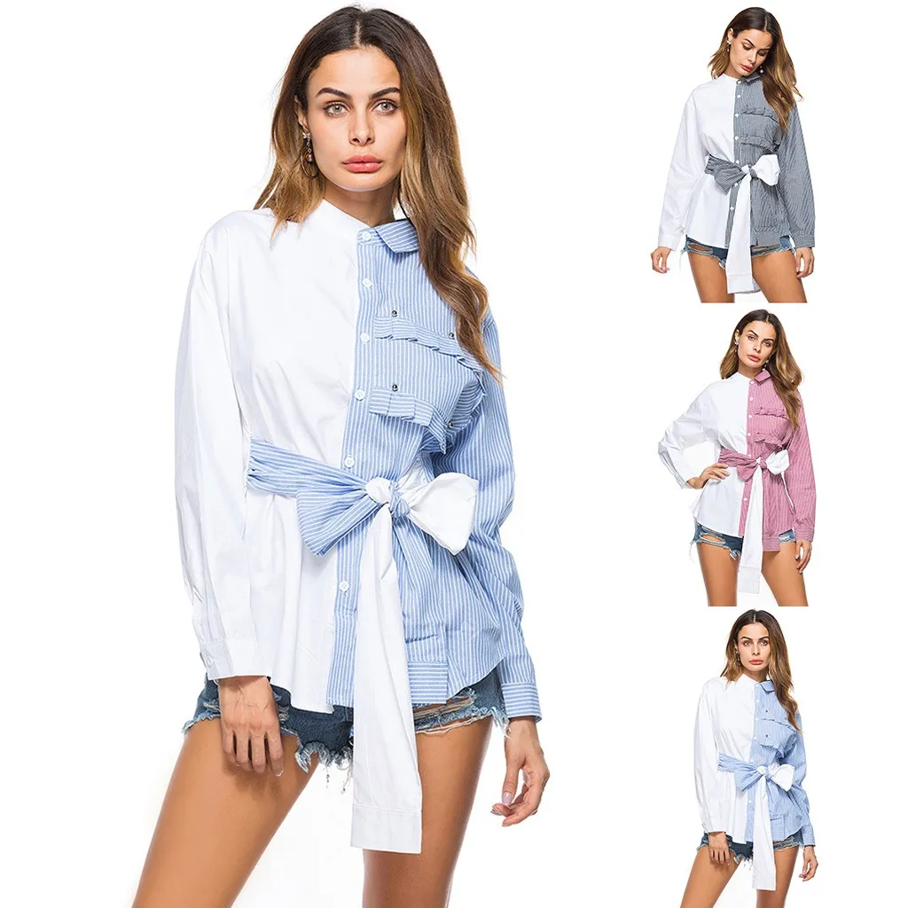 Бесплатная Страусиные Женские топы и блузки с бантом в полоску асимметричная