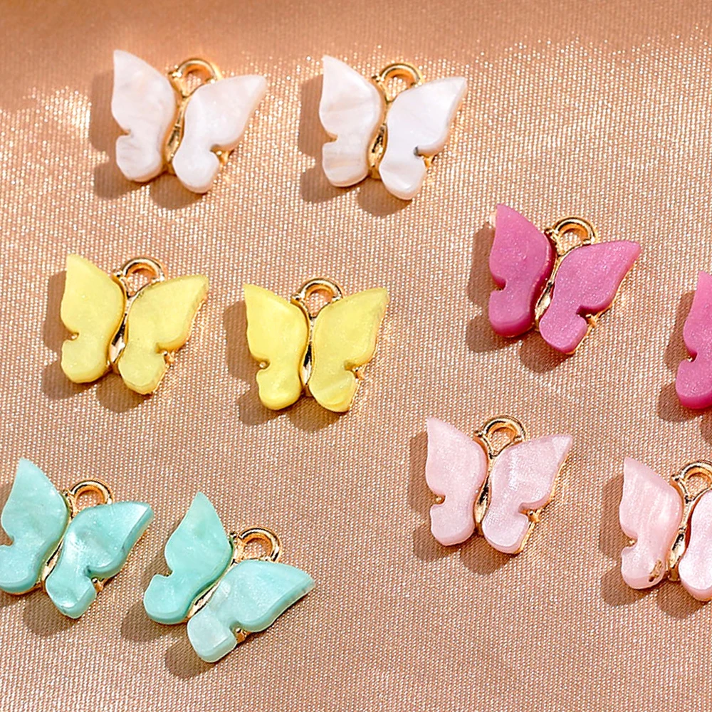 

10Pcs Mix Color Cute Acrylic Butterfly Charms Gold Color Metal Colorful Insect Jewelry Charms For Making Jewelry Accessories