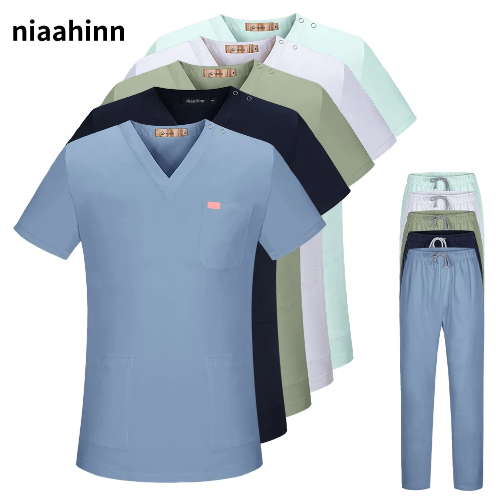 

Button Surgical Medical Suit Short Sleeved Nurse Top+pant Summer Breathable Doctor Nurse Work Clothes Pet Grooming Scrub Uniform