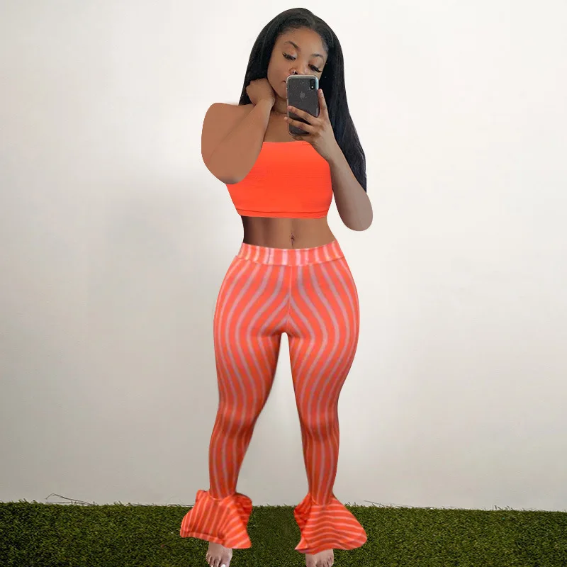 

Echoine Striped Print Strapless Crop Top Flare Ruffle Pants Two Piece Set Club Outfits Sexy Bodycon Skinny Tracksuit Streetwear