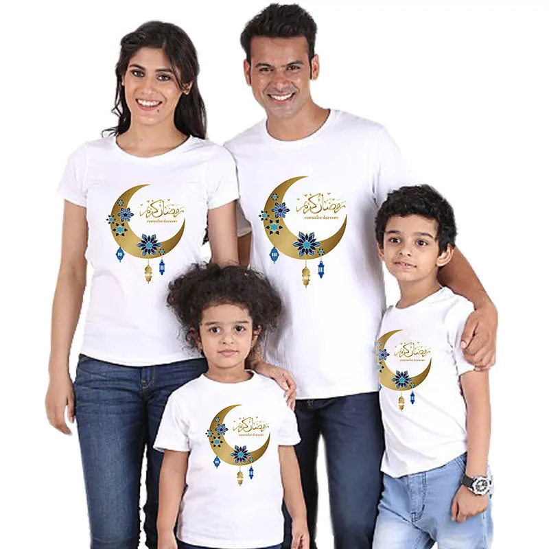 

T-shirt Muslim Eid al-Fitr Middle East Festival family dress short-sleeved moon Ramadan print Arab parent-child dress