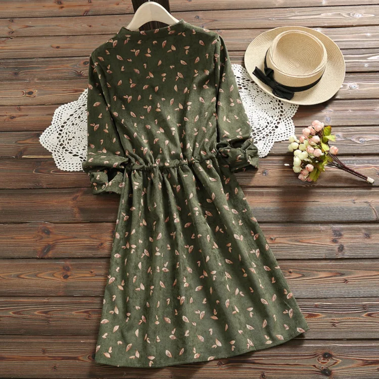 

Autumn New Style Japanese Style Artistic Retro Corduroy Waist Hugging Printed Stand-Collar Lace up Long-Sleeve Dress