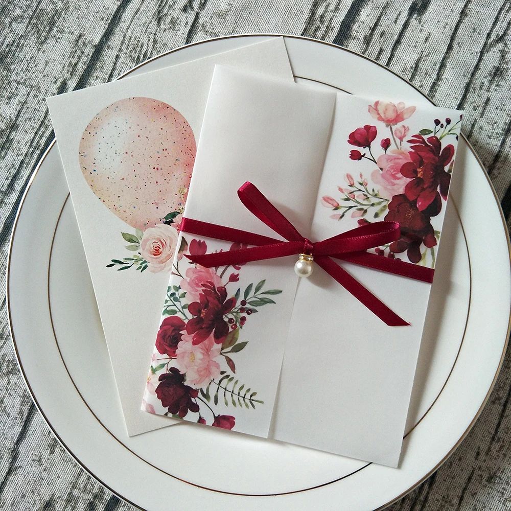 50 шт. темно-красные цветы на заказ Печать вощеная бумага Свадебные Приглашения с