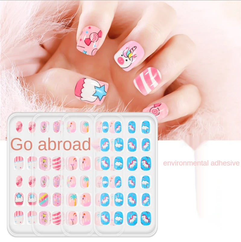 

24 pieces boxed children wearing finished press on nail art patch cartoon print fake nail straps back film glue