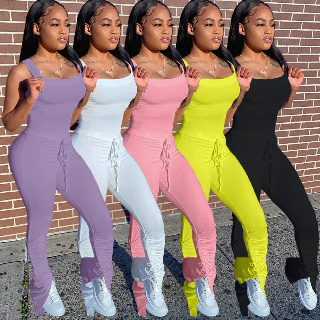 

Women Solid Color Tank Jumpsuit Stacked Bell Bottom Flare Legs Waist Lace Up Fitness Sporty One Piece Overalls Playsuit S-XXL