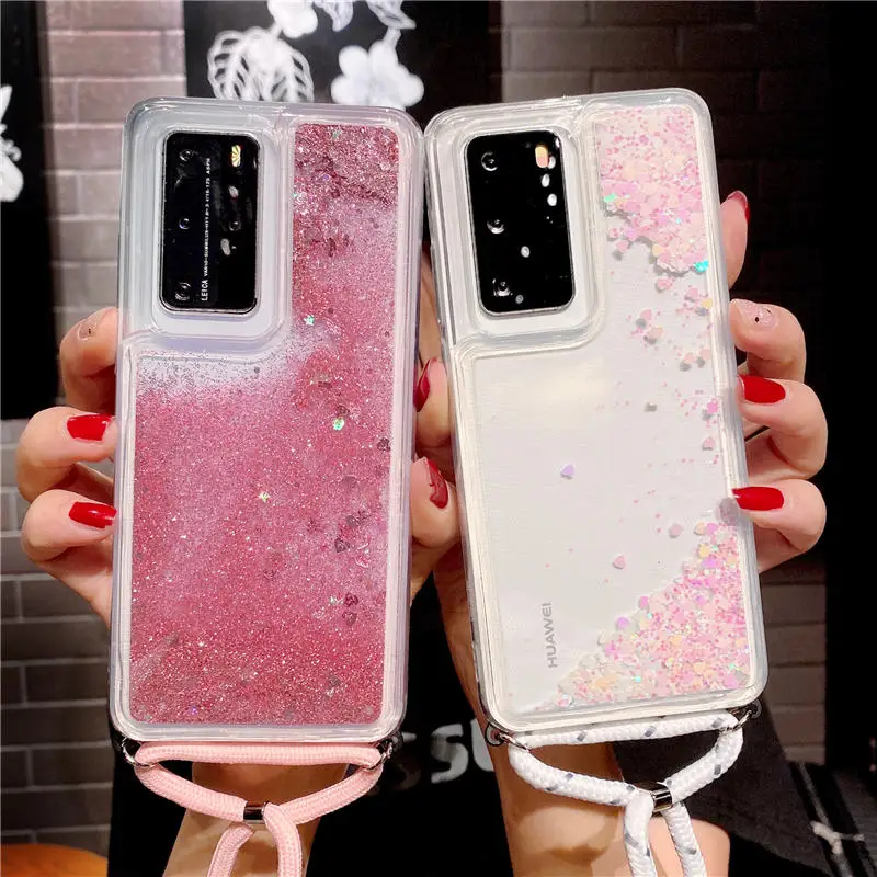 Блестки зыбучий песок висячая веревка Кроссбоди ТПУ чехол для Huawei P40 P30 P20 Pro P10 Lite