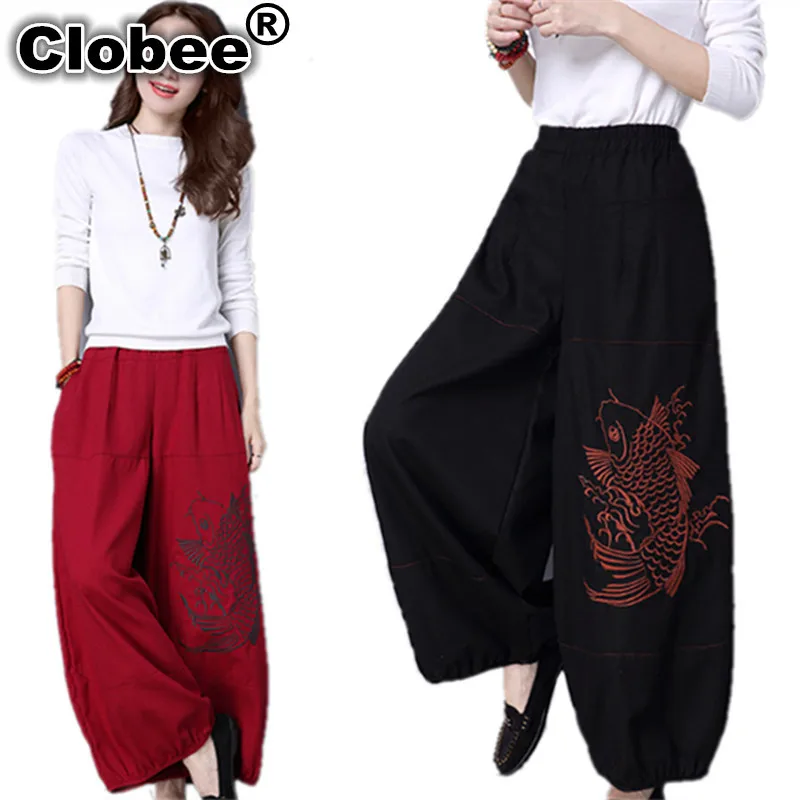 Черные шаровары для женщин зимние 2020 хлопковые льняные брюки широкие длинные с