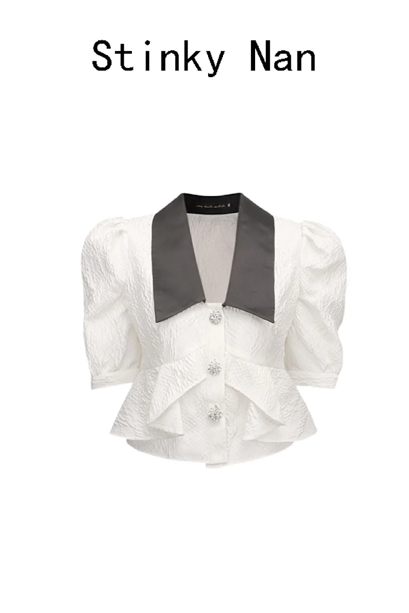 

SuperAen Summer 2021 New Fashion White Puff Sleeve Turn Down Collar Short Shirt Womens Tops