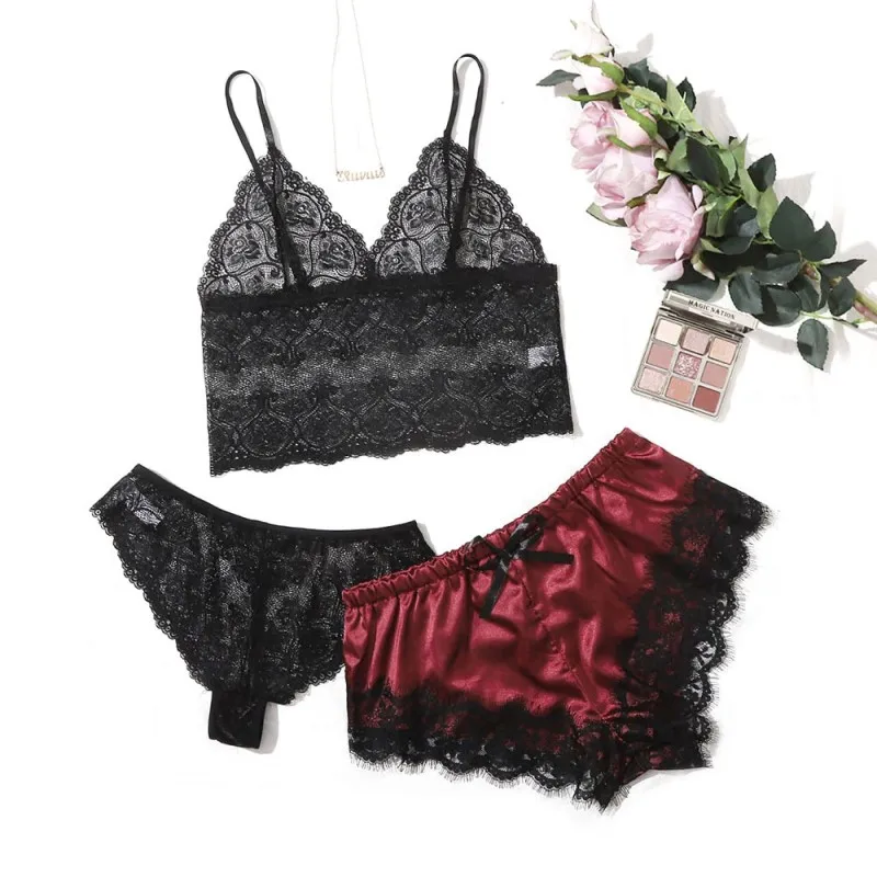 Пикантная женская пижама Leechee кружевной бюстгальтер на бретелях с ажурным