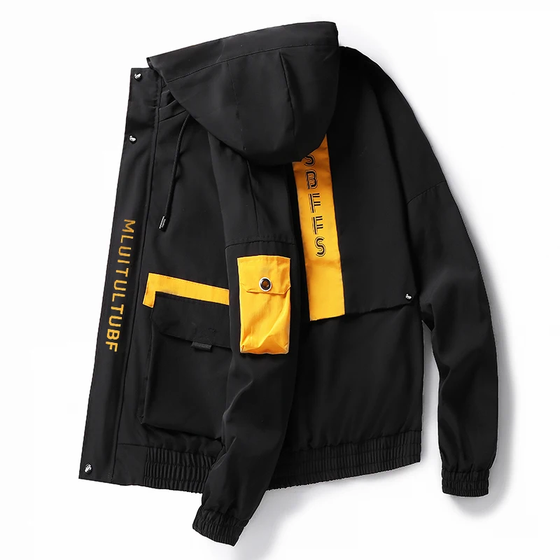 

2021 Spring and Autumn New Men's Jacket Long Sleeve Thin Hooded Slim Casual Jacket Stitching Black Jacket Men's Streetwear