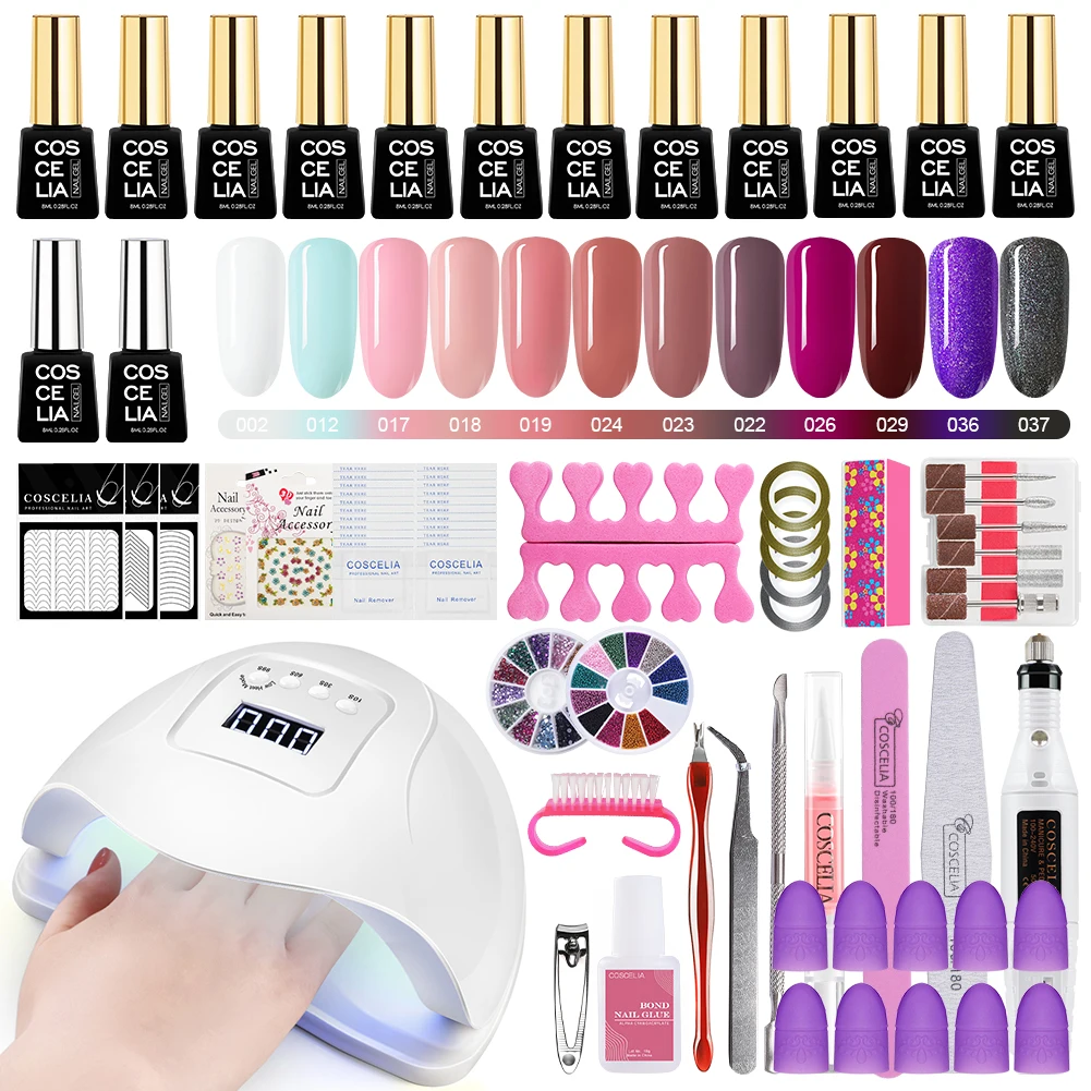 12pc manicure set COSCELIA 80 Вт УФ светодиодная лампа для сушки ногтей для маникюра Набор Комплект гель-лаков для ногтей электрическая дрель для ногтей маникюрные инструменты все для дизайна ногтей комплект - Цвет: 12pc manicure set