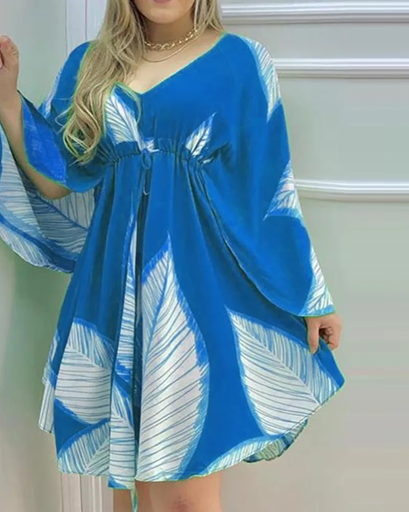 

Женское летнее Мини-Платье с V-образным вырезом и принтом листьев