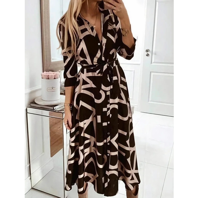

Mandylandy Dress Summer Fashion Loose Floral Print Slit Dress Women's Casual V-neck Single Breasted Three Quarter Sleeve Dress