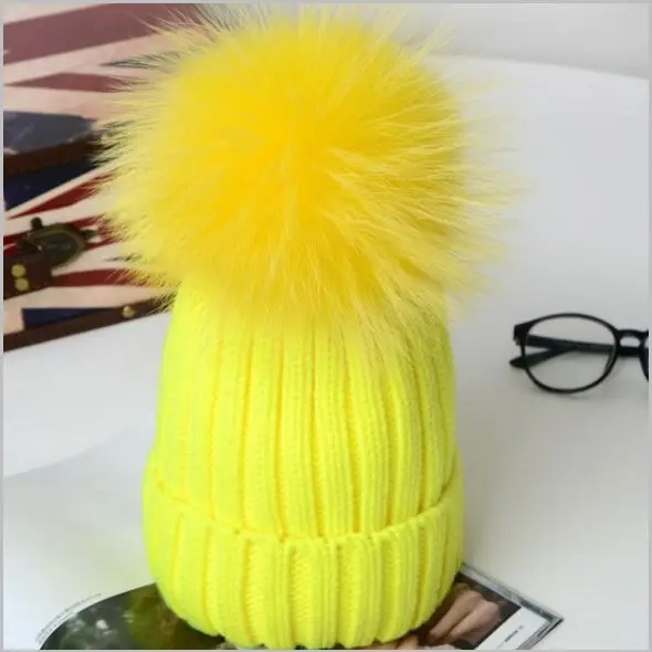 Hot Winter Big Real Fur Pompoms Knitted Beanies Caps New Thick Warm Knit Hats Gorras For Girls Women Boy and Child